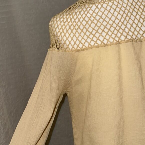 fp S Pale Yellow On The Island Crochet Yoke High Neck Sheer Mesh Bell Sleeve Top - Picture 10 of 14